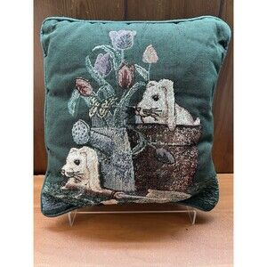Tapestry Green Pillow Bunny Bucket Watercan Tulips Spring Garden Easter 11" x 12